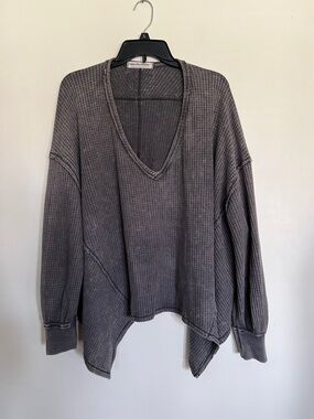 We The Free Washed Gray V-Neck Waffle Knit Pullover